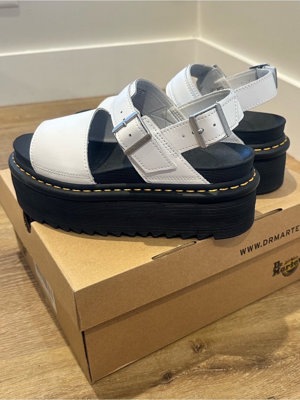 Dr. Martens White Leather Platform Sandals with Black Sole
